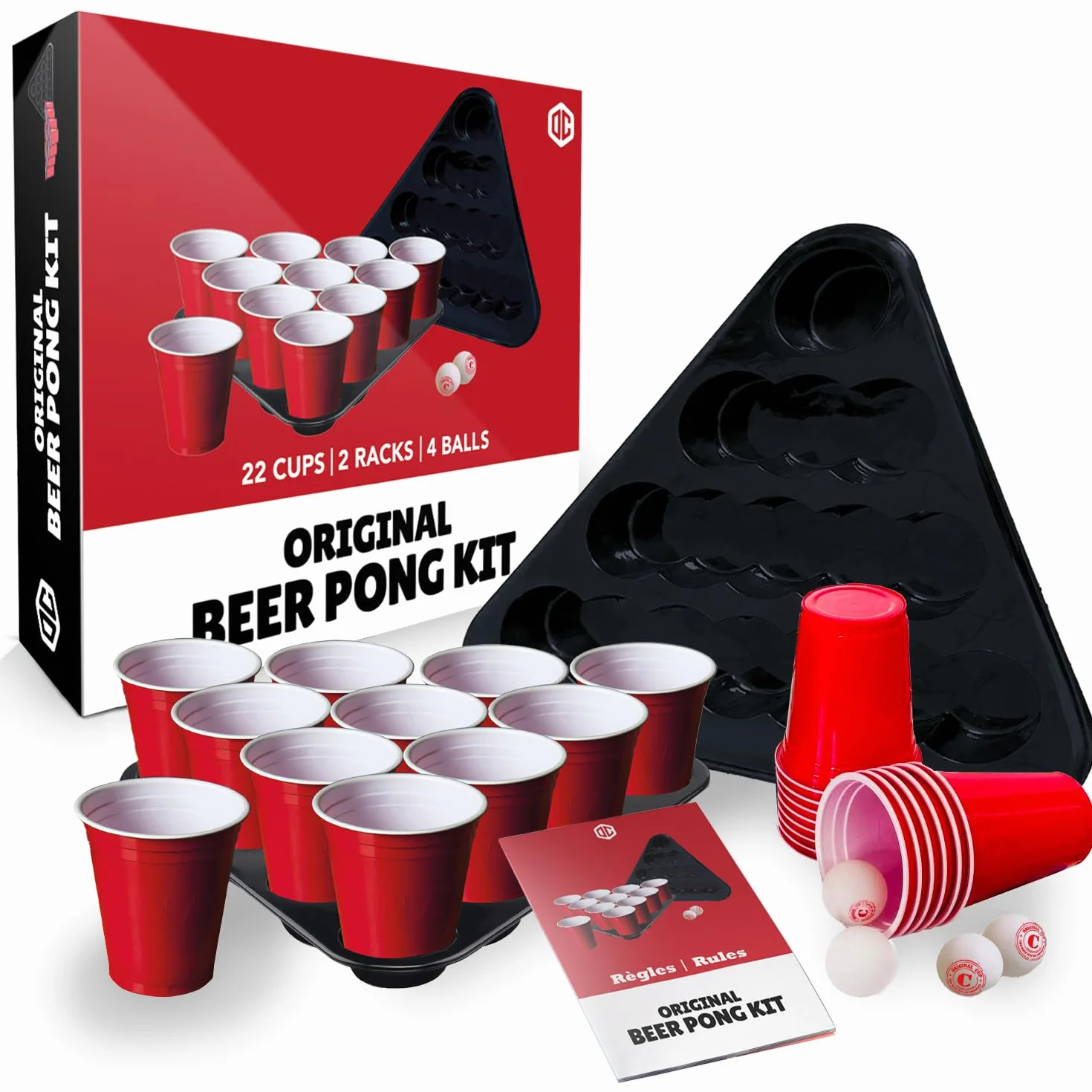 Originale Birra Pong Kit Ufficiale® | Confezione Completa di Birra Pong Ufficiale | 22 Coppe Rosso | 2 Pitch Rack | 4 Palle | Regole Ufficiali | Gioco di Bere | OriginalCup®