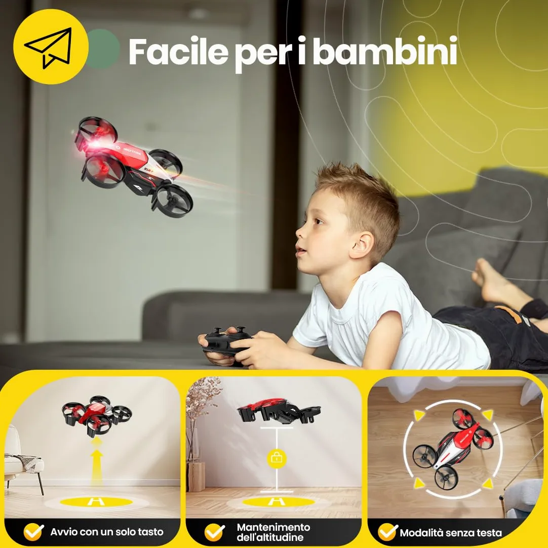 Holy Stone HS210F Mini Drone per Bambini, Drone RC 2 in 1 Terra e Aria | con Mantenimento Altitudine, Flip 3D, 3 Velocità, Protezione Eliche, Facile da Pilotare, Regalo per Bambini