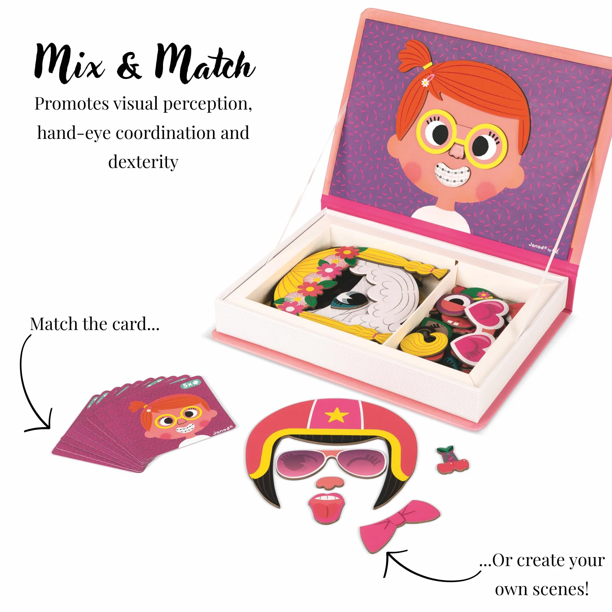 Janod Magneti'Book Crazy Faces Ragazza Gioco Educativo Magnetico 55 Pezzi 3+ Anni
