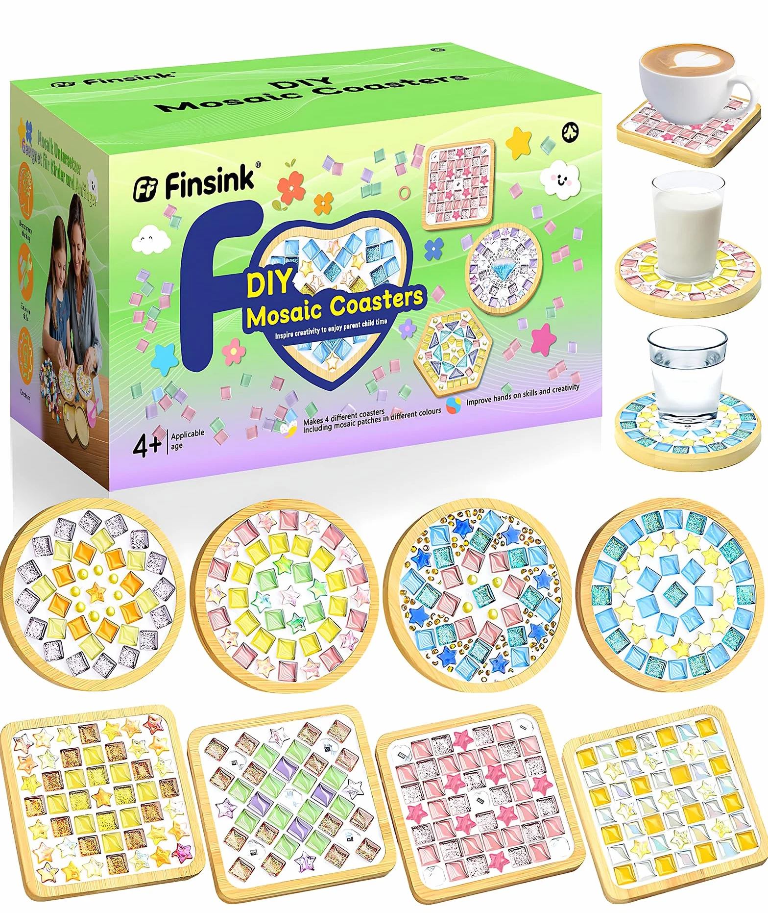 Finsink Set di 8 sottobicchieri a mosaico per bambini, set fai da te,di sottobicchieri in legno, set di pietre a mosaico per il fai da te, regalo di compleanno per bambini adulti