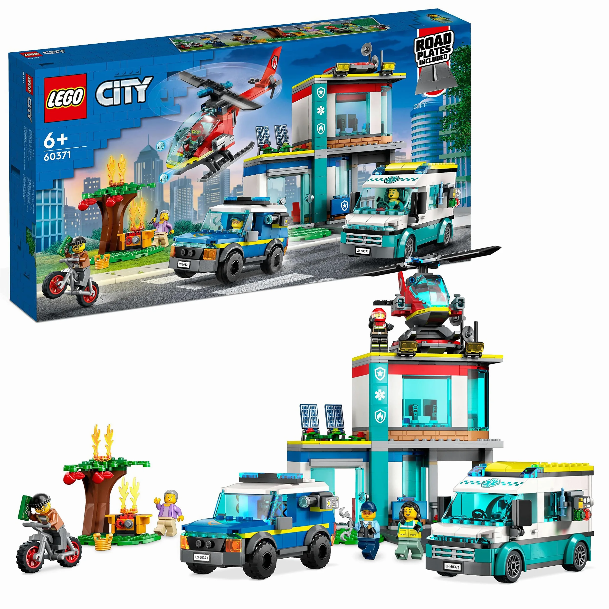 LEGO City Quartier Generale Veicoli d’Emergenza con Elicottero, Ambulanza, Macchina Polizia e Moto Giocattolo, Giochi per Bambini e Bambine 60371