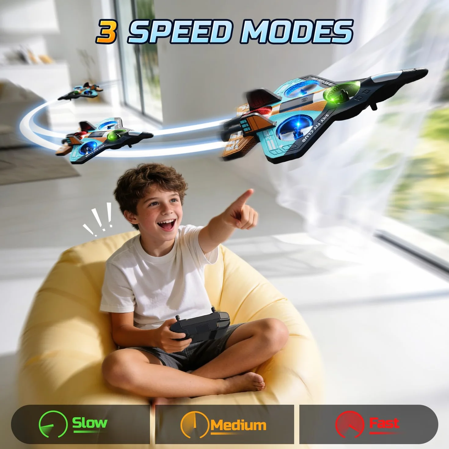 DEERC Aereo in schiuma RC per bambini, aereo radiocomandato in altezza, clip 3D e luci a LED, 2 batterie, aereo RC adatto ai principianti per ragazzi e ragazze (blu-arancio)