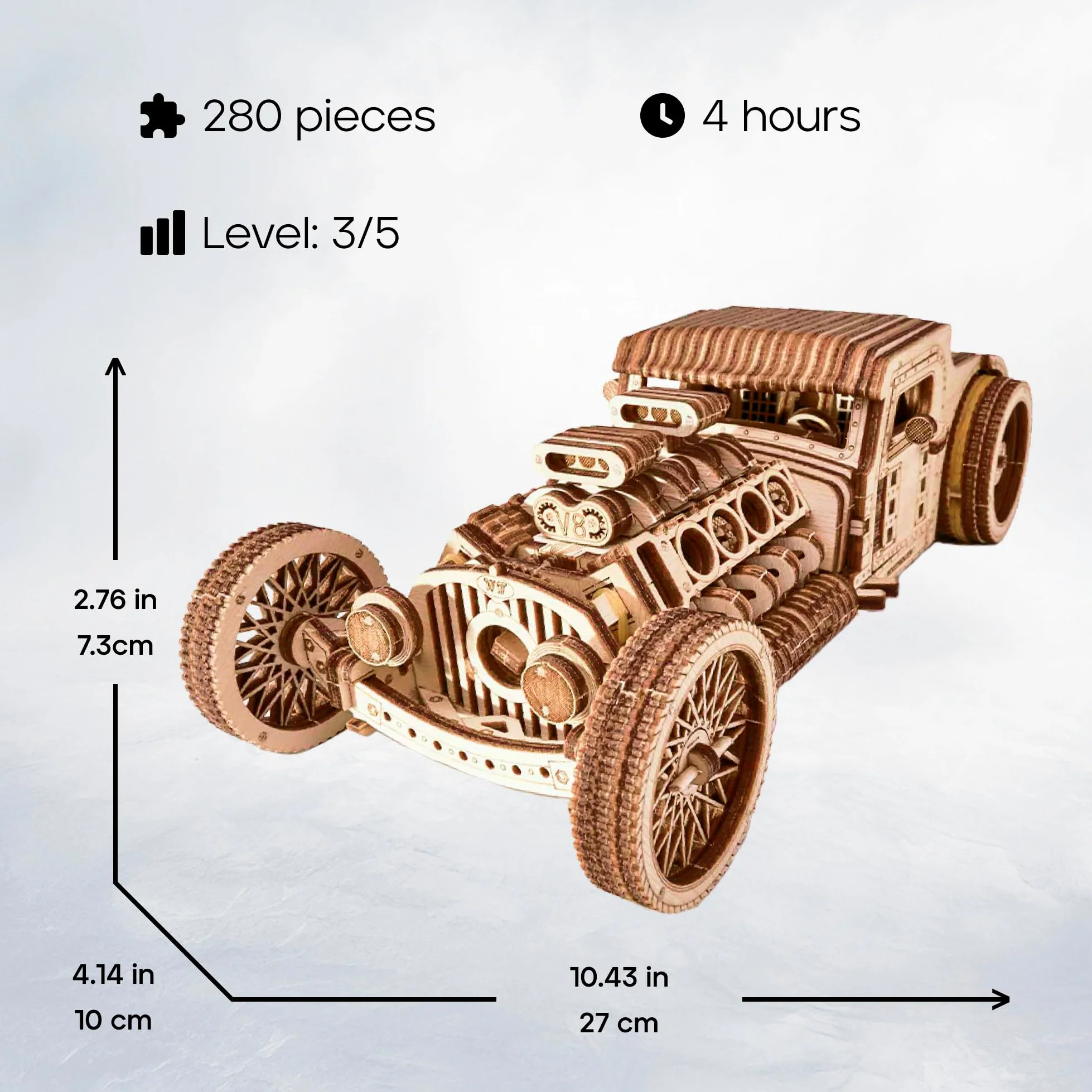 Wood Trick Hot Rod Car Puzzle 3D di Legno per Adulti da Costruire | [280 Pezzi] Rotola Fino a 9,8 m - Design Vintage Dettagliato - Kit di Montaggio Meccanico in Legno DIY per Adulti