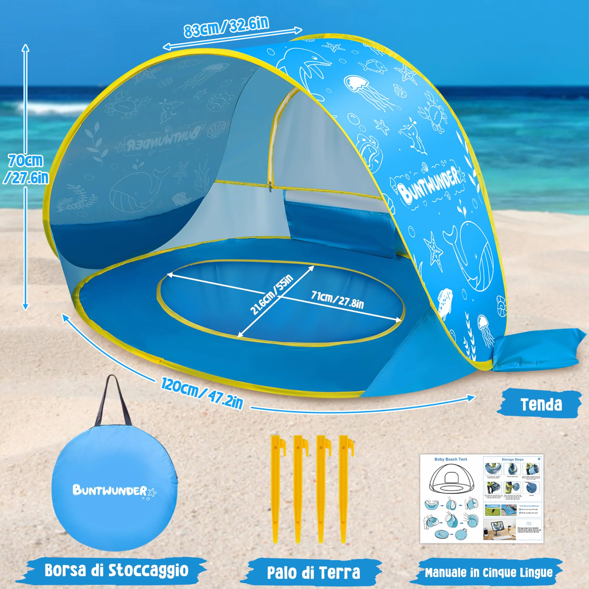 JONRRYIN Tenda da Spiaggia Bambini Pop-Up, Tenda Spiaggia con Mini Piscina, Tenda da Spiaggia Portatile Protezione Solare UPF 50+, Ideale per Viaggio in Spiaggia Campeggio (Blu)