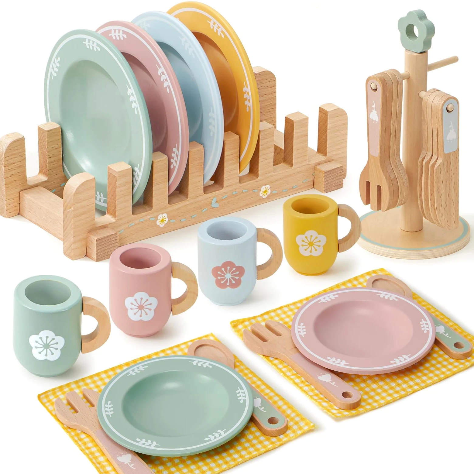 Atoylink Accessori da Cucina per Bambini in Legno: Set Completo con Piatti, Tazze, Posate e Portapiatti - Giochi di Ruolo per Ragazze e Ragazzi 3-8 Anni