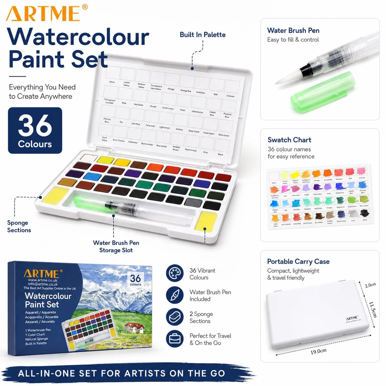 Artme Acquarelli/Set per pittura ad acquerello con cubo in custodia da trasporto con pennello - 36 colori vivaci, fornitura artistica essenziale.