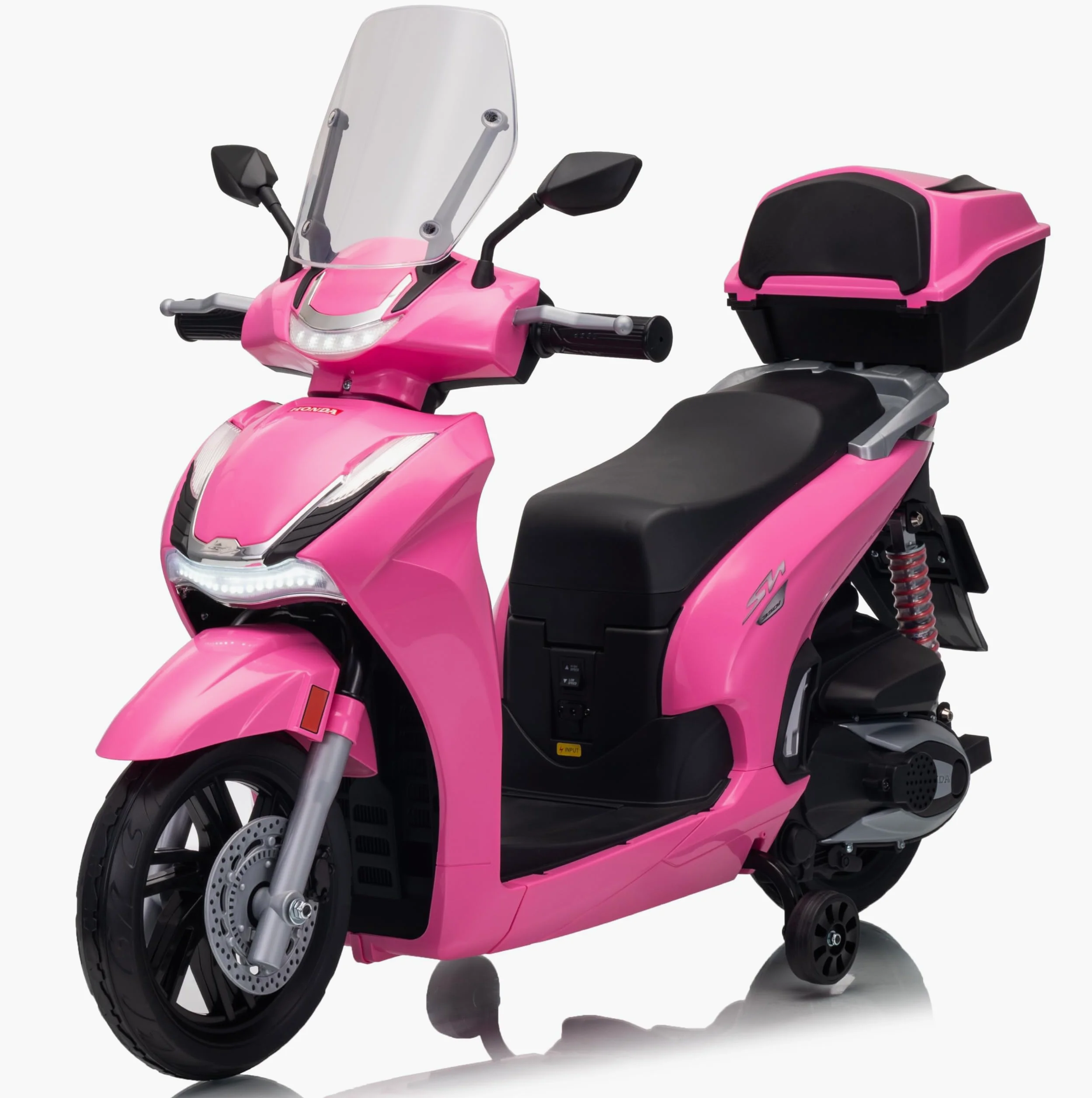 Honda SH 350 12V Moto Elettrica per Bambini con Licenza Ufficiale, Scooter Elettrico con Ruote in Gomma, Sedile in Pelle, Bauletto, Rotelle Stabilizzatrici, Luci LED e Suoni, MP3 Rosa