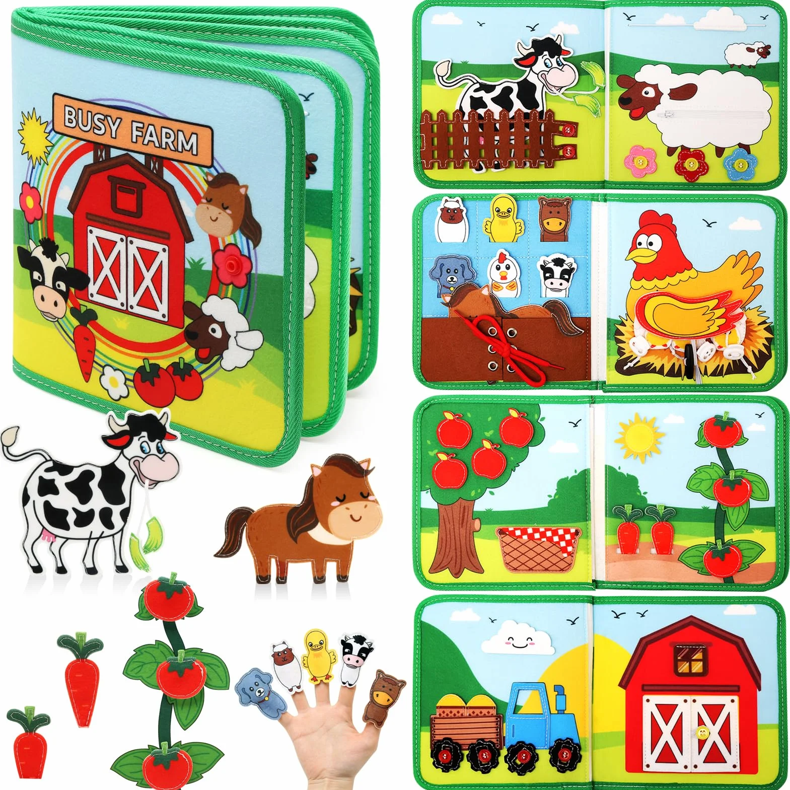 LEADSTAR Busy Board Libro Montessori Interattivo 1 Anno,18 in 1 Busy Farm Quiet Book Montessori Sensoriale Educativo Giochi per Bambini di 1 2 3 Anni,Giocattoli da Viaggio per Bambini Piccoli