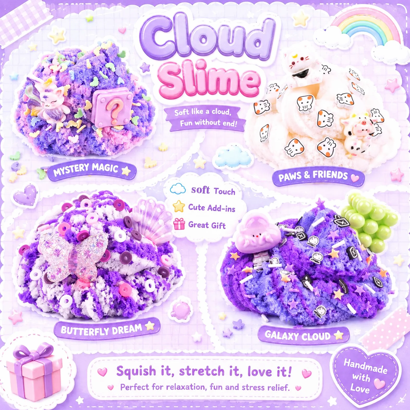 Kit di slime viola a forma di nuvola, 12 pezzi, morbido giocattolo sensoriale | per bambini dagli 8 ai 12 anni, bomboniere per feste di compleanno, riempitivi per sacchetti per ragazze e ragazzi