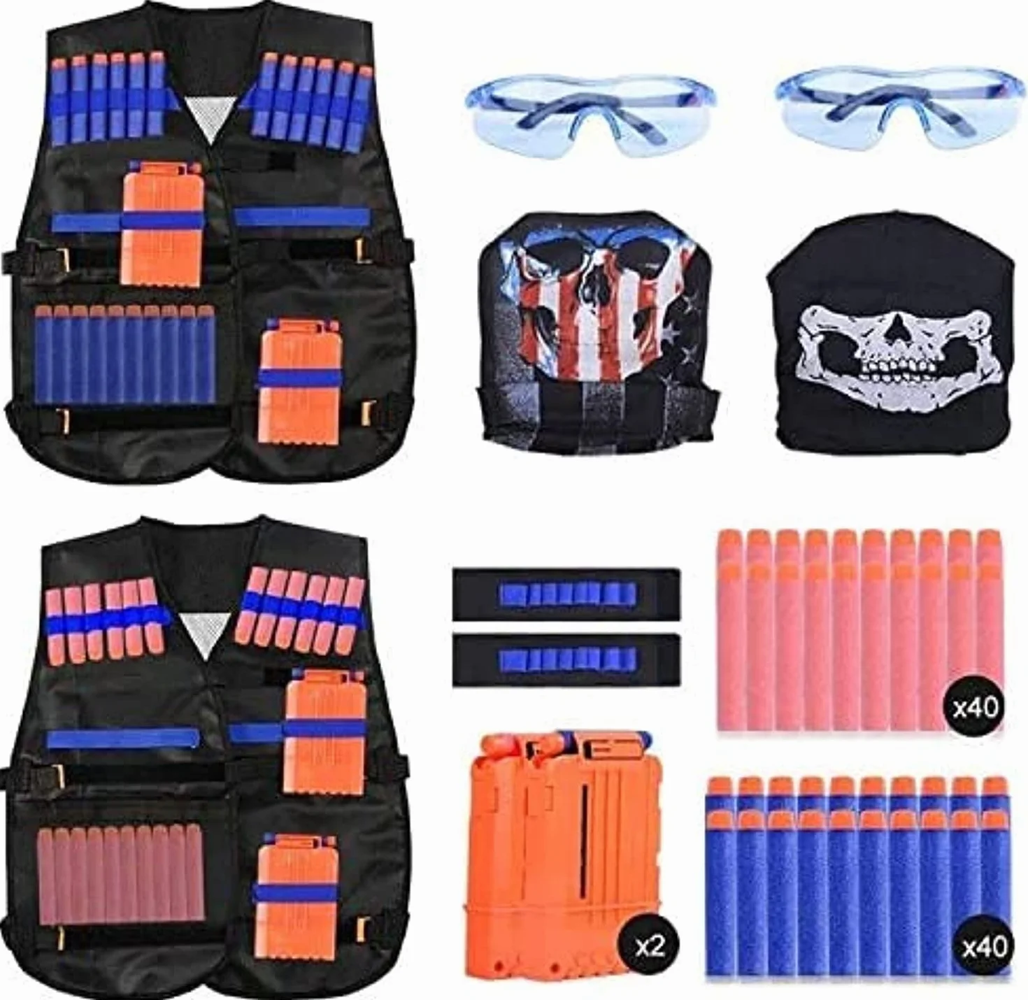EXTSUD Kids Tactical Vest, 2 Sets Tactical Vest for Nerf Guns N-Strike Elite Series with 80Pcs Refill Darts, 2 Reload Clips, 2 Tactical Masks, 2 Wrist Bands and 2 Protective Glasses
