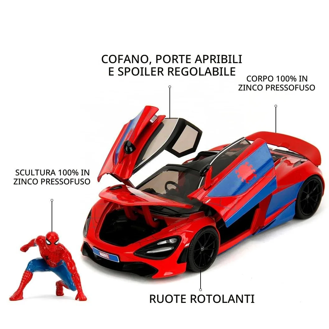 Jada Toys Marvel Auto McLaren 720S (19 cm) con personaggio Spider-Man (5 cm) - Modellino auto con parti apribili, set di giocattoli in metallo per fan e bambini dagli 8 anni in su