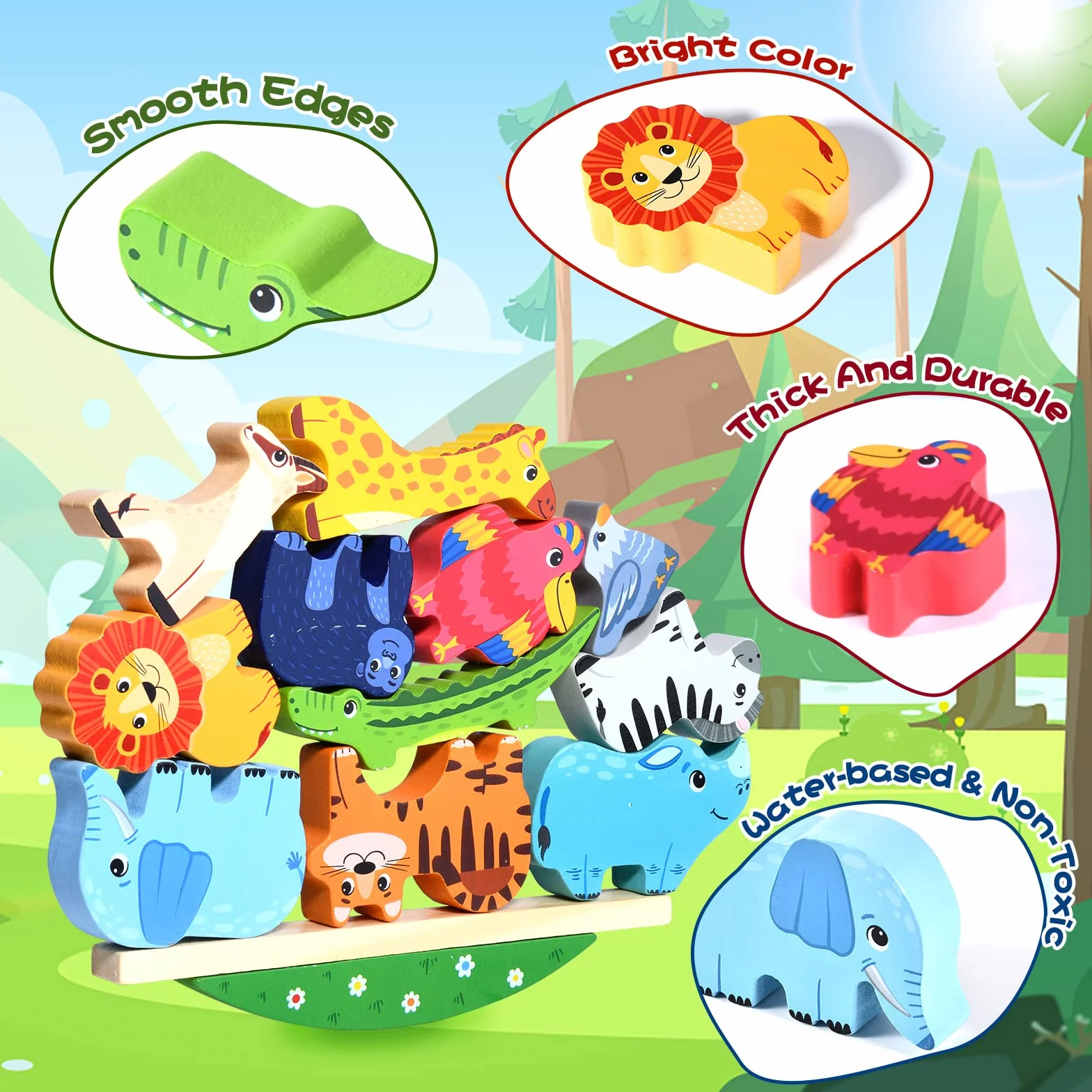 Atoylink Montessori Giochi Impilabili Legno Animali Blocchi di Costruzione Gioco di Equilibrio Educativi Giocattolo di Legno Compleanno Regalo per Bambini 2 3 4 5 Anni
