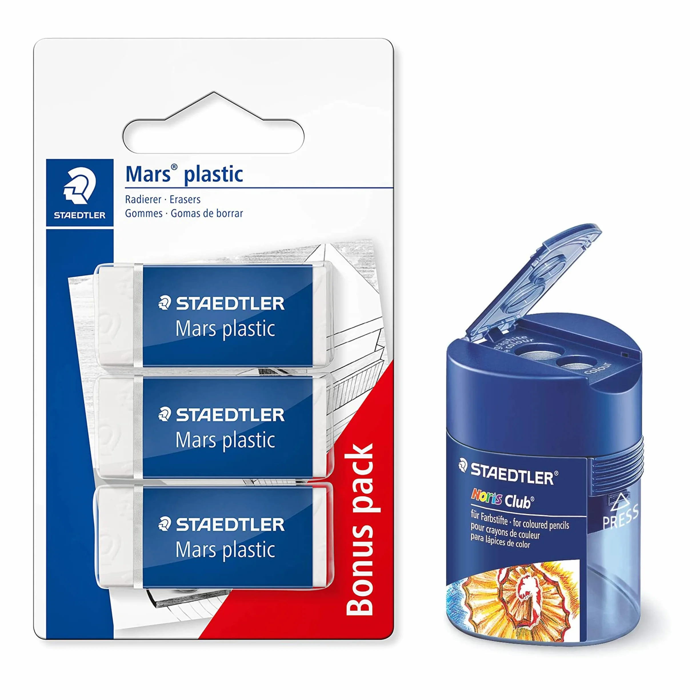 Staedtler temperino Doppio e 3 gomme Marte in plastica, Senza ftalati e Lattice, a Bassa sbriciolatura, Bianco, a Bassa abrasione