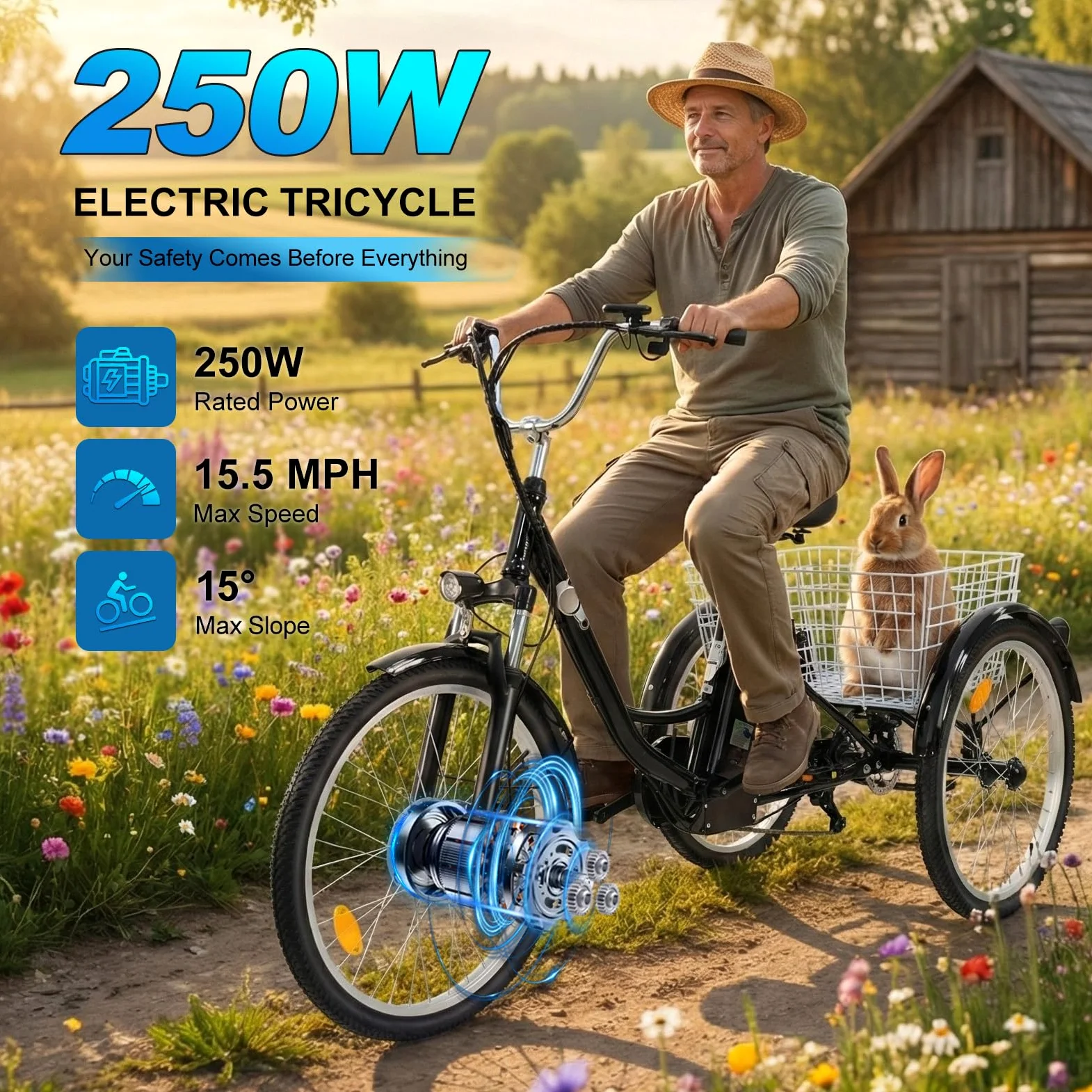Triciclo elettrico per adulti M300,batteria rimovibile da 36 V e 18Ah | CE\EN15194,pneumatici antiscivolo e resistenti da 24 pollici,7 marce,triciclo da campeggio,triciclo da carico per anziani