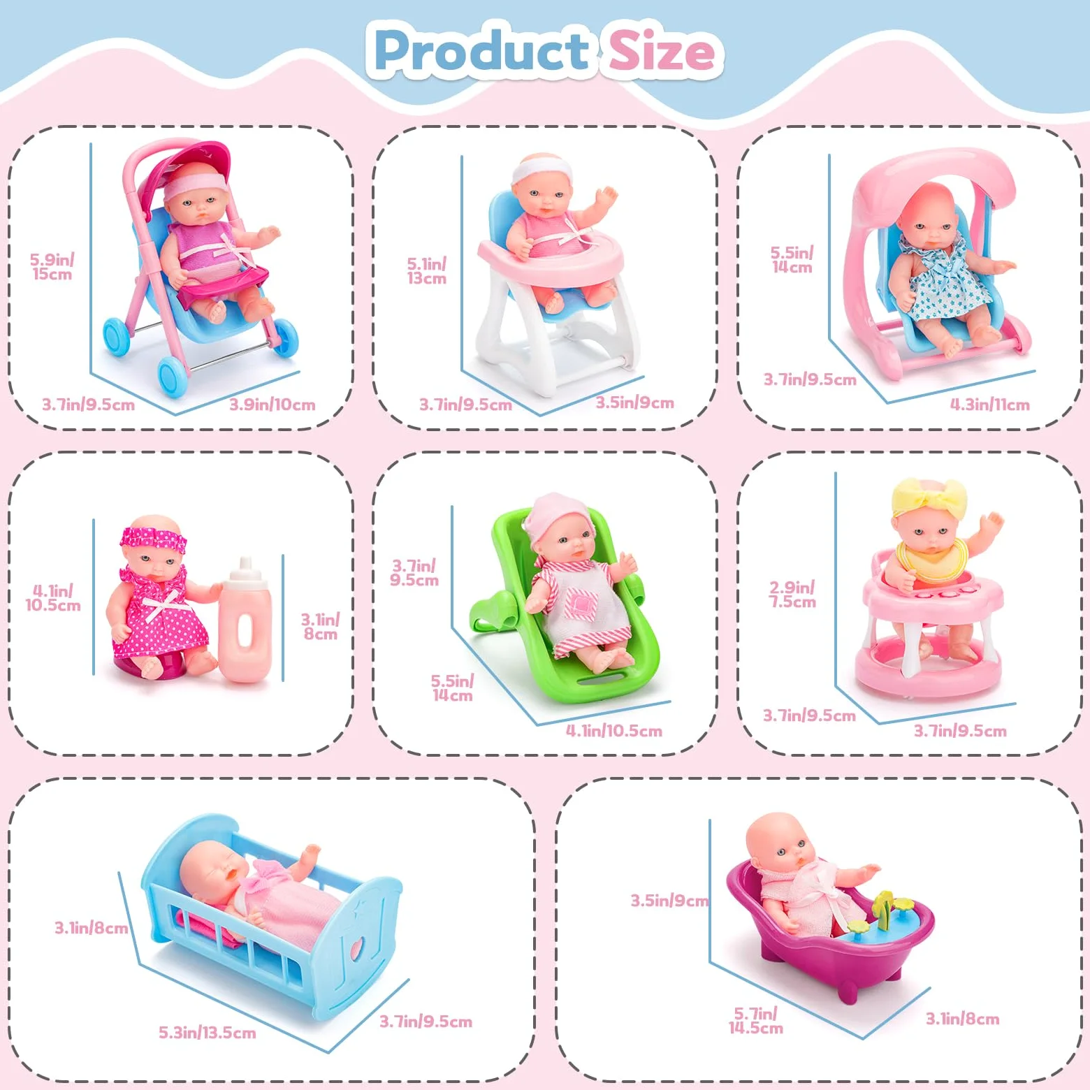 deAO Set 8 Mini Bambole 13 cm con Accessori – Gioco Creativo per Bambini 3+ | Include Deambulatore, Sedia Dondolo, Seggiolino Auto, Altalena, Vasino, Biberon, Età, Perfetto per Ruolo, Soli o in Gruppo