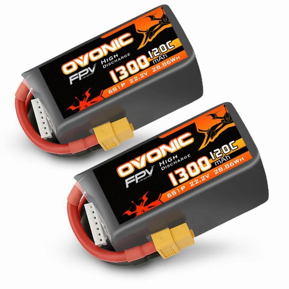 OVONIC Batteria Lipo da 6s, 1300 mAh, 22,2 V, 120 C, con spina XT60, per elicottero RC FPV, aereo, quadricottero, hobby racing (2 pezzi)