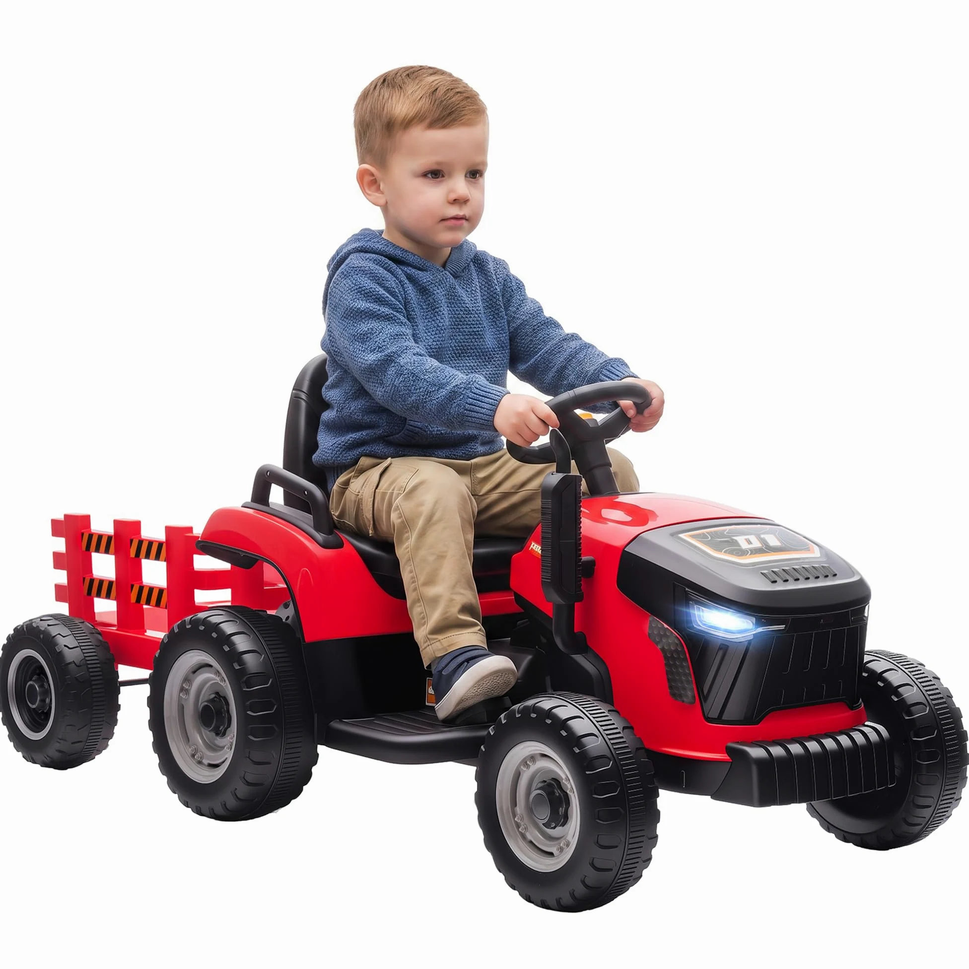 AIYAPLAY 2 in 1 Trattore Elettrico per Bambini 12V con Rimorchio Rosso | 3-8 Anni, Rimorchio Staccabile, Auto Elettrica Cavalcabile per Bambini, Telecomando, Cintura di Sicurezza, Musica, Luci LED