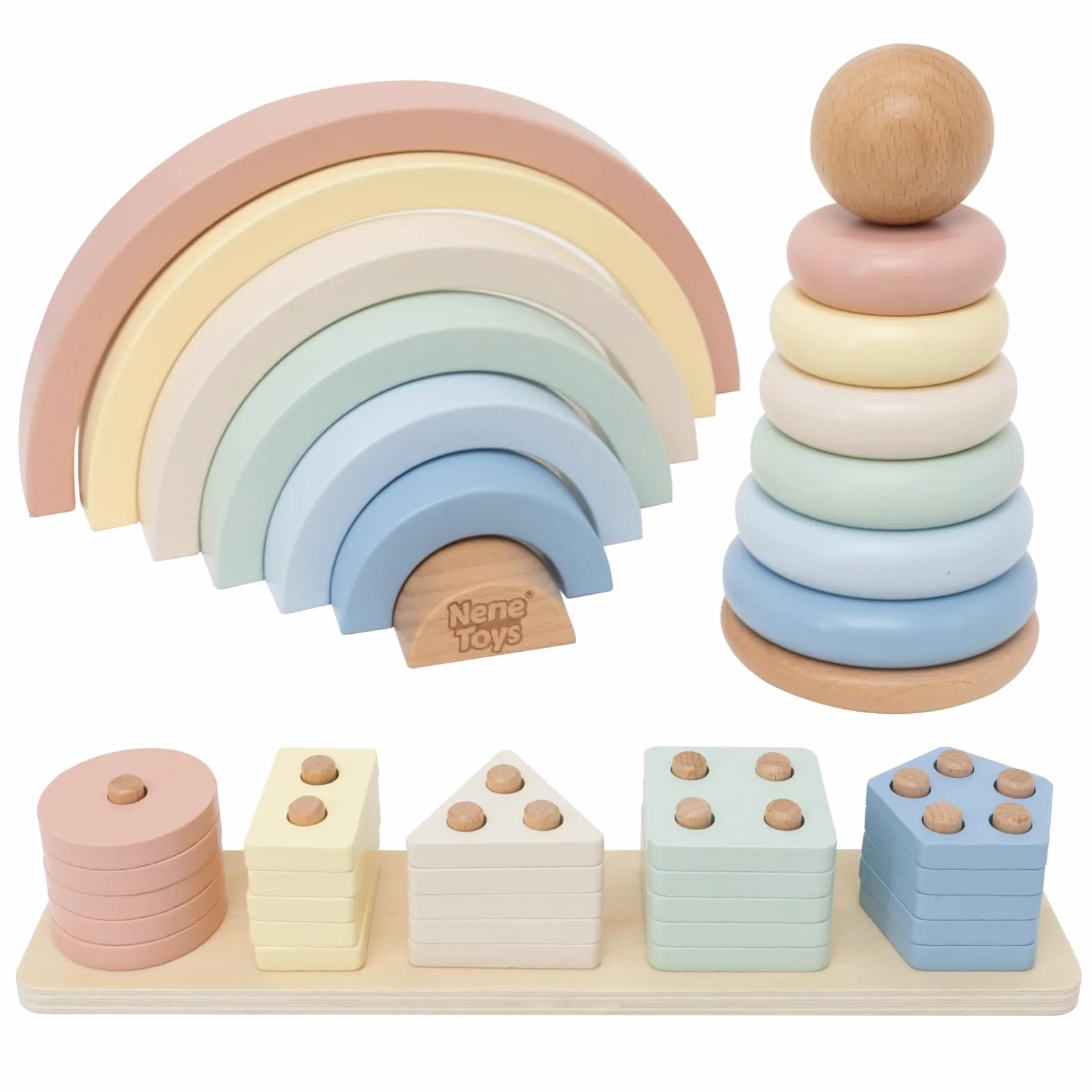 Nene Toys Giocattolo Montessori in Legno 3-in-1 per Bambini 1 Anno – Arcobaleno in Legno, Torre da Impilare & Gioco di Incastro – Gioco Educativo 1–3 Anni – Idea Regalo Bimba Bimbo – Colori Pastello