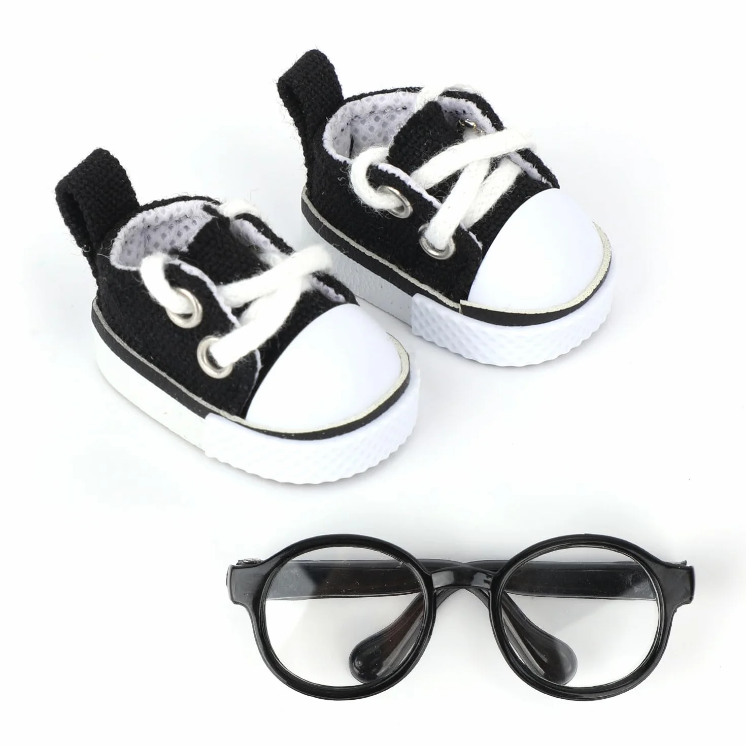 Mikovivi 2 Pezzi di Scarpe e Occhiali per Bambola 17 cm, Mini Scarpe da Ginnastica Casual in Tela con Lacci alla Moda e Occhiali da Vista Accessori per Abiti Bambola Carini (Nero)