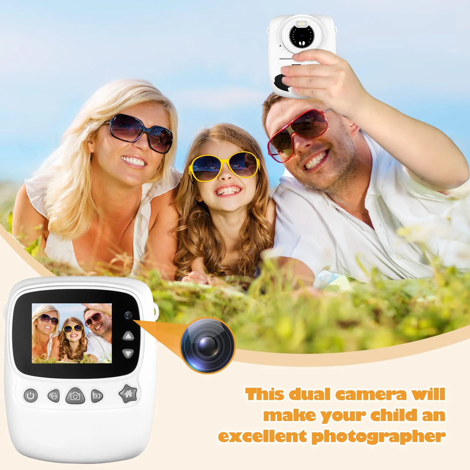 Fotocamera per Bambini, 30 MP, Doppia Fotocamera, Stampa in Bianco e Nero, Schermo da 2,4 Pollici, Scheda TF da 32 GB, Bianca