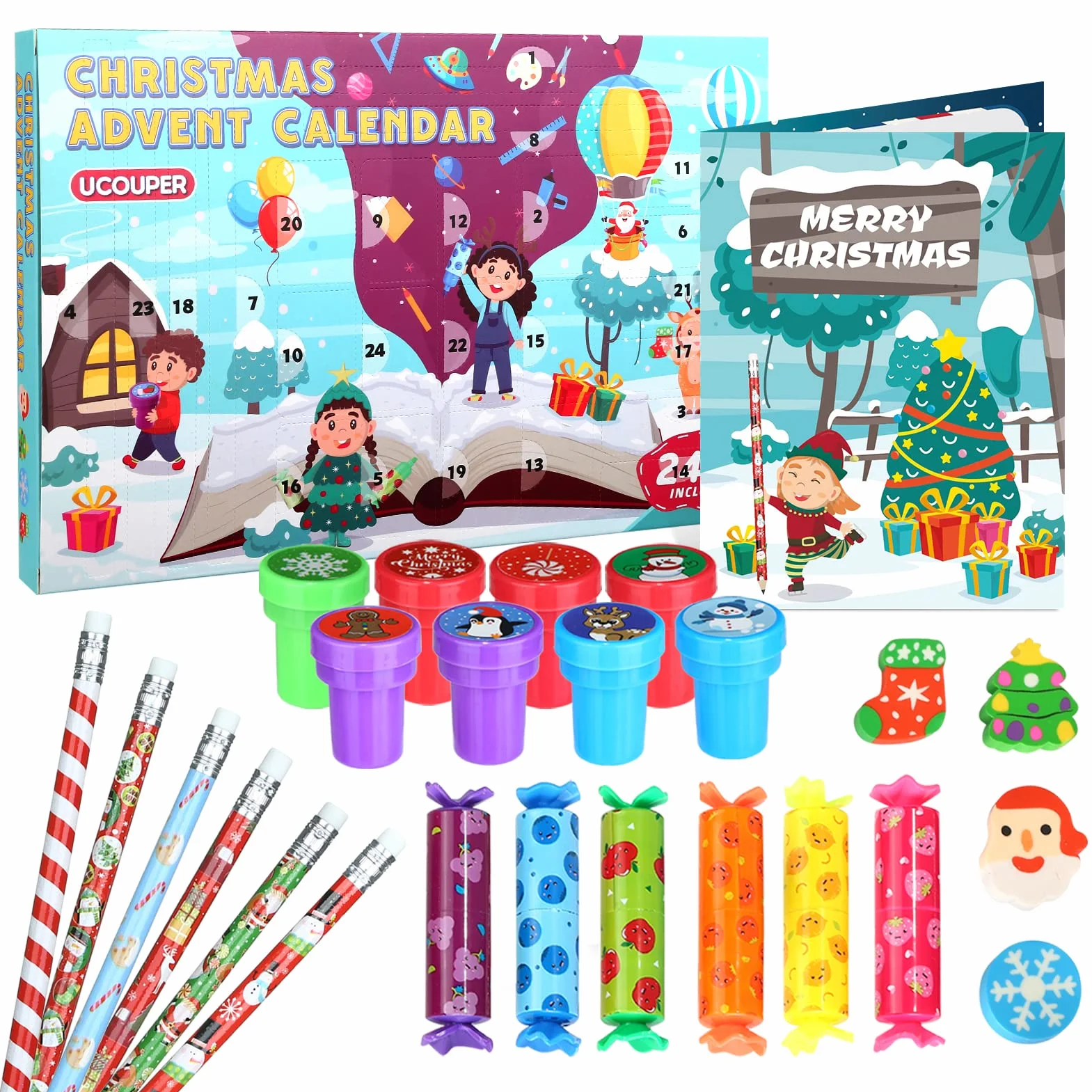 Calendario Avvento 2025 di Cancelleria Scuola Set Cancelleria 24 Articoli Calendario Avvento Bambini Bambina con Matite Timbri Evidenziatori e Gomma Regali di Natale Bambini