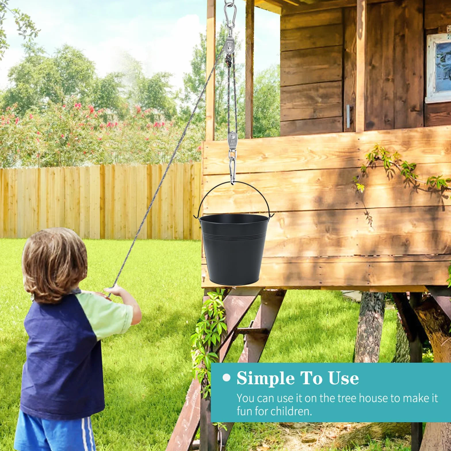 FORMIZON Puleggia per bambini, puleggia con secchio in metallo, sistema puleggia per bambini e secchio pieghevole, accessori per capanna in alberi e torre di gioco, giocattoli da giardino per bambini