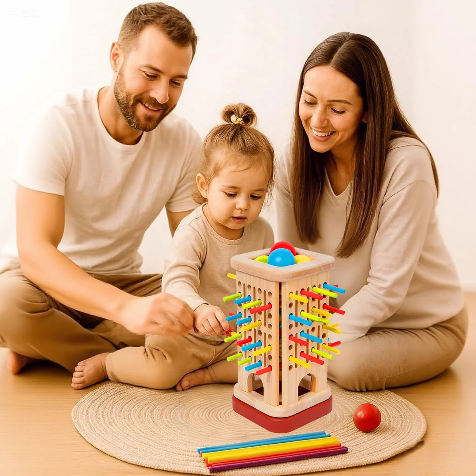 Giochi Montessori per Bambini 3-6 Anni – Gioco da Tavolo in Legno con 32 Bastoncini Colorati, Palla, Dado, Anello e Box – Gioco Educativo di Abilità Motoria, Family Game e Regalo