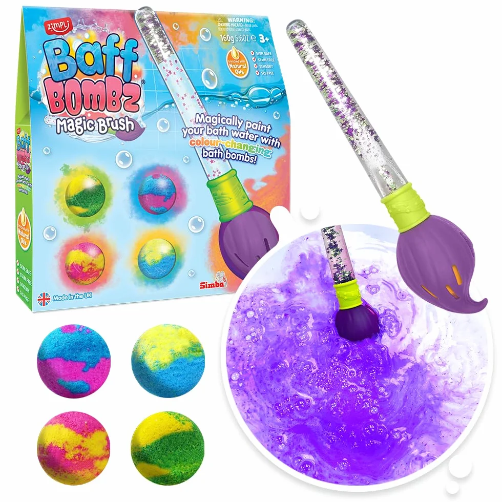 ZIMPLI - Baff Bombz Magic Brush, 4 x bombe da bagno, bacchetta magica, dipingi magicamente l'acqua del bagno, giocattolo per bambini, ricariche disponibili nel nostro negozio ZIMPLI