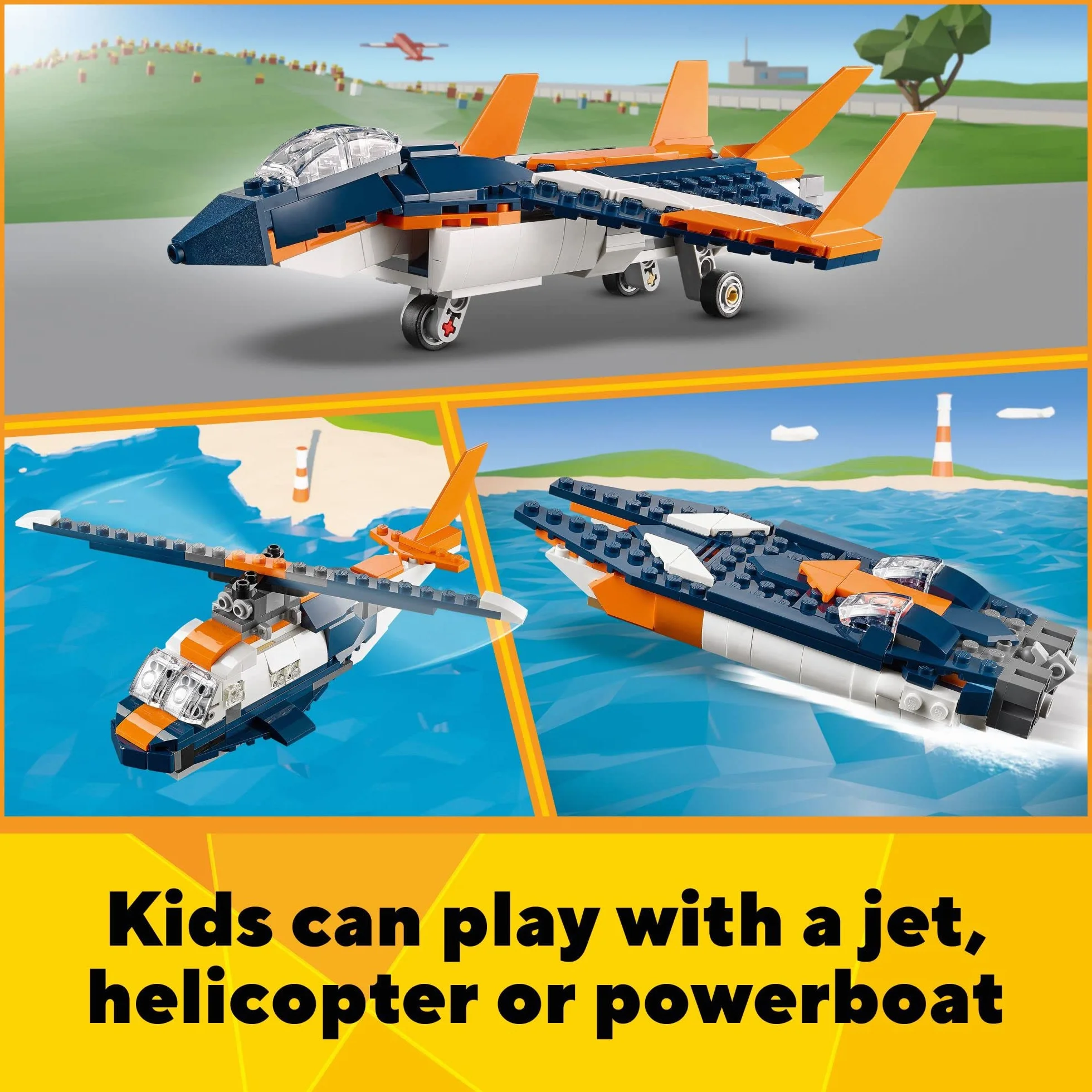 LEGO Creator 3in1 Supersonic-Jet 31126 Building Kit; Build a Jet Plane and Rebuild It into a Helicopter or a Speed Boat Toy; A Creative Gift for Passionate Fans Aged 7+ (215 Pieces)