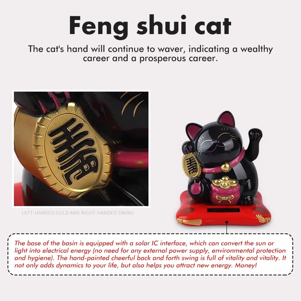 Gatto Ondeggiante Solare, Maneki Neko Fortunato, Alimentato Ad Energia Solare per Negozi, Ristoranti E Decorazioni per La Casa (Nero)