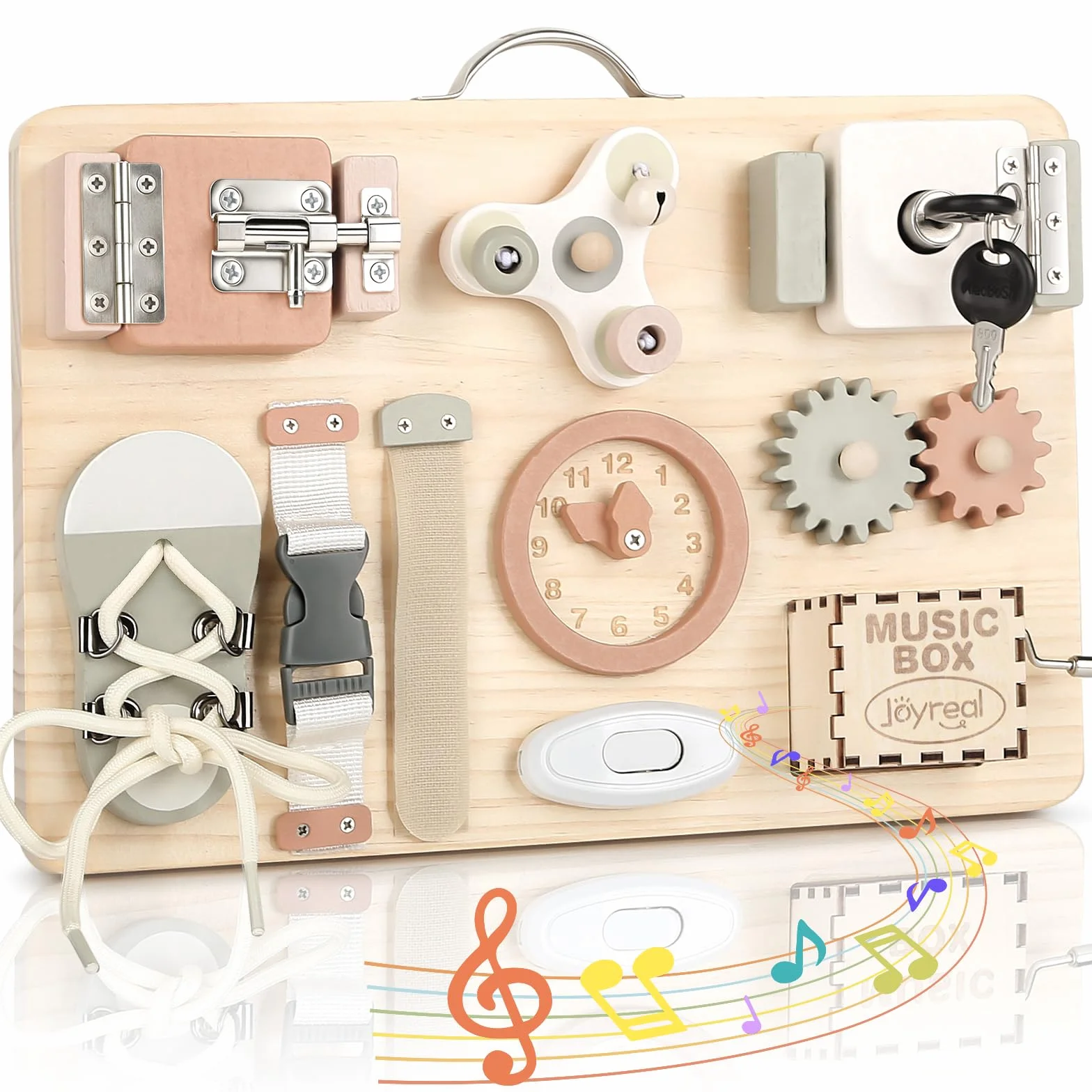 Joyreal Pannello Sensoriale Montessori Legno Busy Board con Carillon Specchio Neonati Giochi Educativi