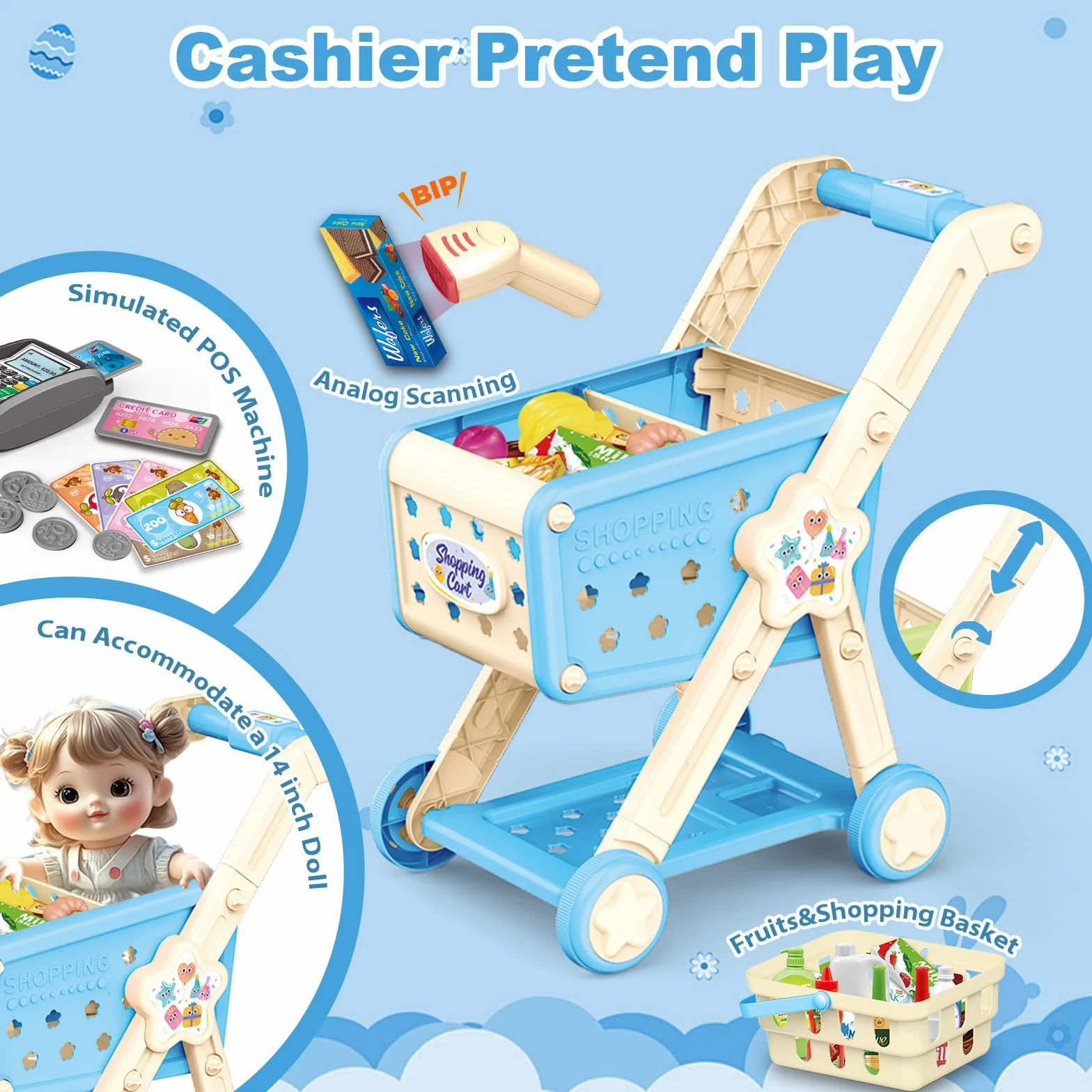 RedCrab Carrello Spesa Giocattolo con Scanner, 74 Pcs Accessori per Negozi: Calcolatrice, Carte di Credito, Frutta e Cibo, Gioco di Ruolo Giocattolo per Ragazzi e Ragazze 3+ Anni (Blu)
