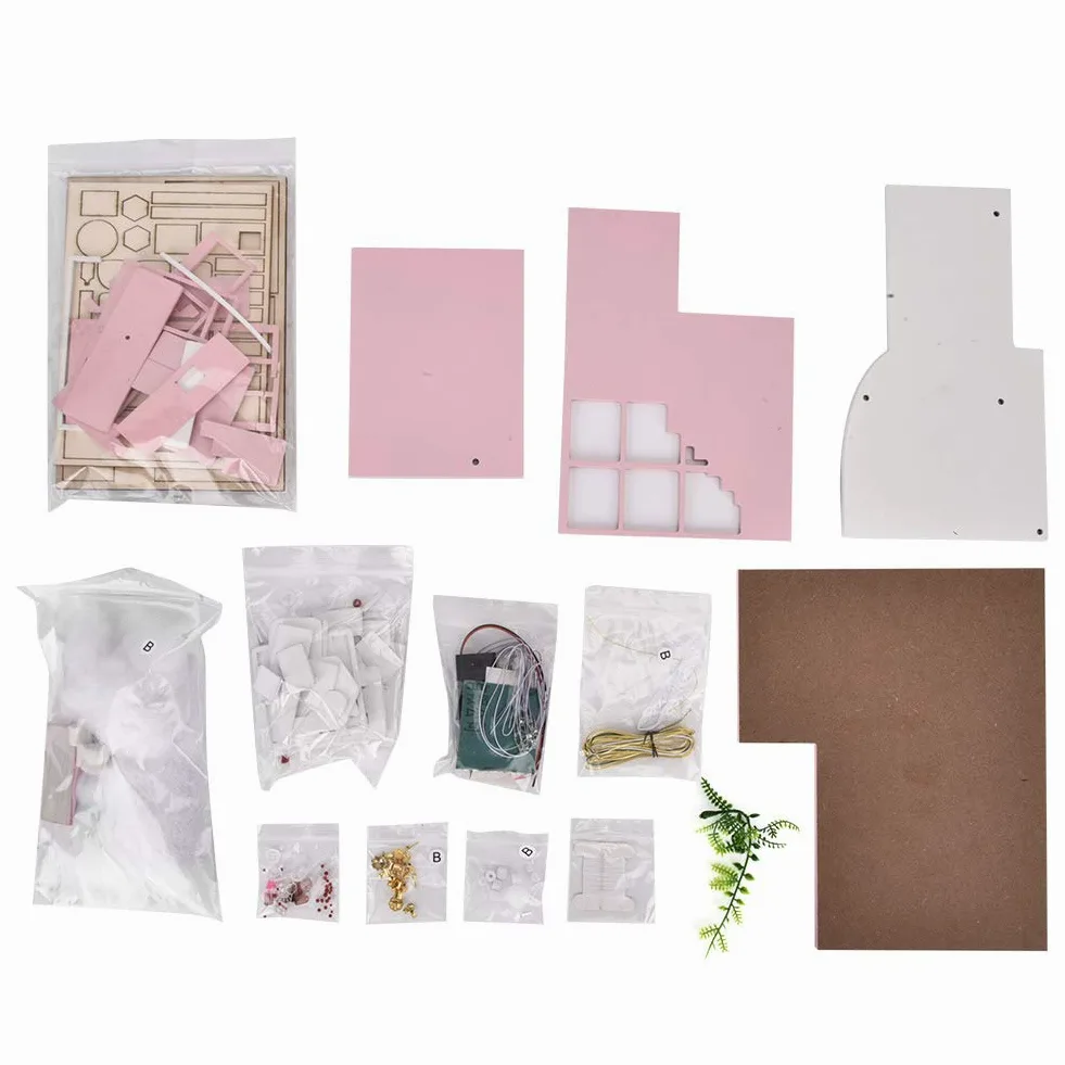 Generic Kit per Casa delle Bambole Rosa Fai-da-te Modello di Casa delle Bambole in Miniatura in Legno Fatto a Mano Carino per la Decorazione Domestica e Materiale Ecologico Regalo per Bambini