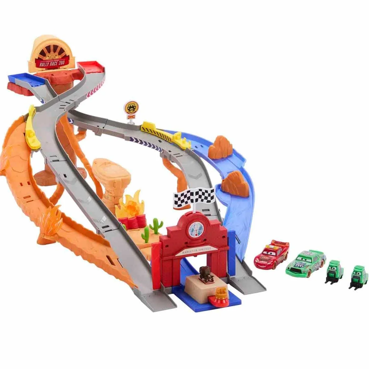 Mattel CARS - Sfreccia e Soccorri Circuito per Soccorso Stradale, set con 2 tipi di gara, Saetta McQueen, Chicks Hicks e 2 veicoli della squadra di Pitty, giocattolo per bambini, 4+ anni, JFL57
