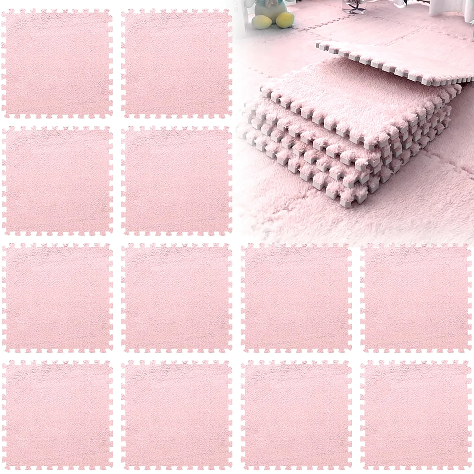 12 Pezzi Tappeto Puzzle in EVA, Tappeti Puzzle in Peluche Interconnessi, 30x30cm Tappeto Gioco Antiscivolo per Camera da Letto, Soggiorno e Cameretta Bambini (Rosa Chiaro)