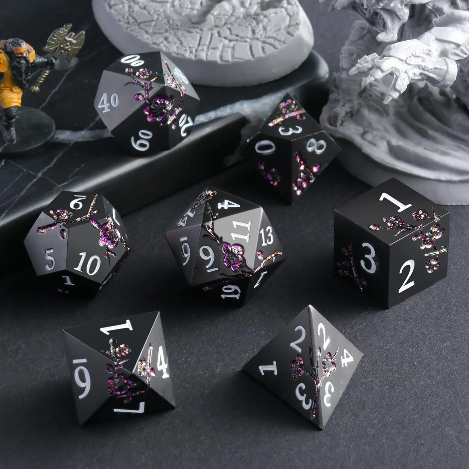 Glitter Purple Metal D&D Dice, 7 PCS Flower Metallic DND Dice Set with Grogeous Gift Case for Dungeons and Dragon Tabletop Game (Matte Black with Glitter Purple Flower)