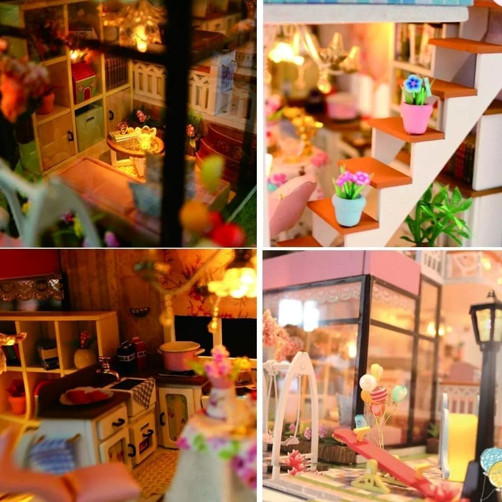 Generico Kit per Casa delle Bambole in Miniatura con Mobili in Legno E Luce LED Miniature da Costruire