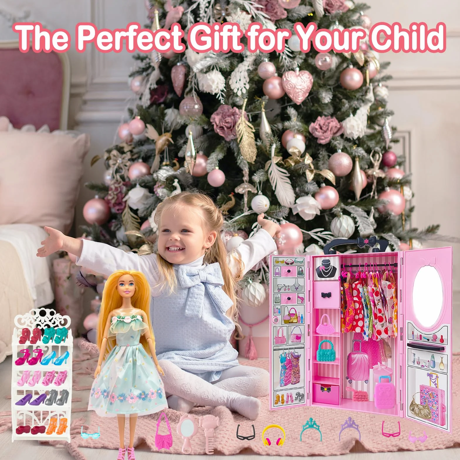 122 Pezzi Armadio Bambole Playset con Bambole 11,5 Pollici, Vestiti e Accessori, Include Abiti Principessa Scarpe Borse, Giocattoli Travestimento Adatti a Bambine, Bambini e Bambini (Rosa)