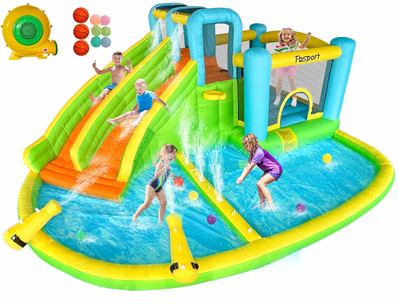 FBSPORT Castello Gonfiabile con Ventilatore 545 x 365 x 218 cm con Scivolo Trampolino Piscina Parete da Arrampicata, Piscina di Palline oceaniche Parco Acquatico per Bambini Verde