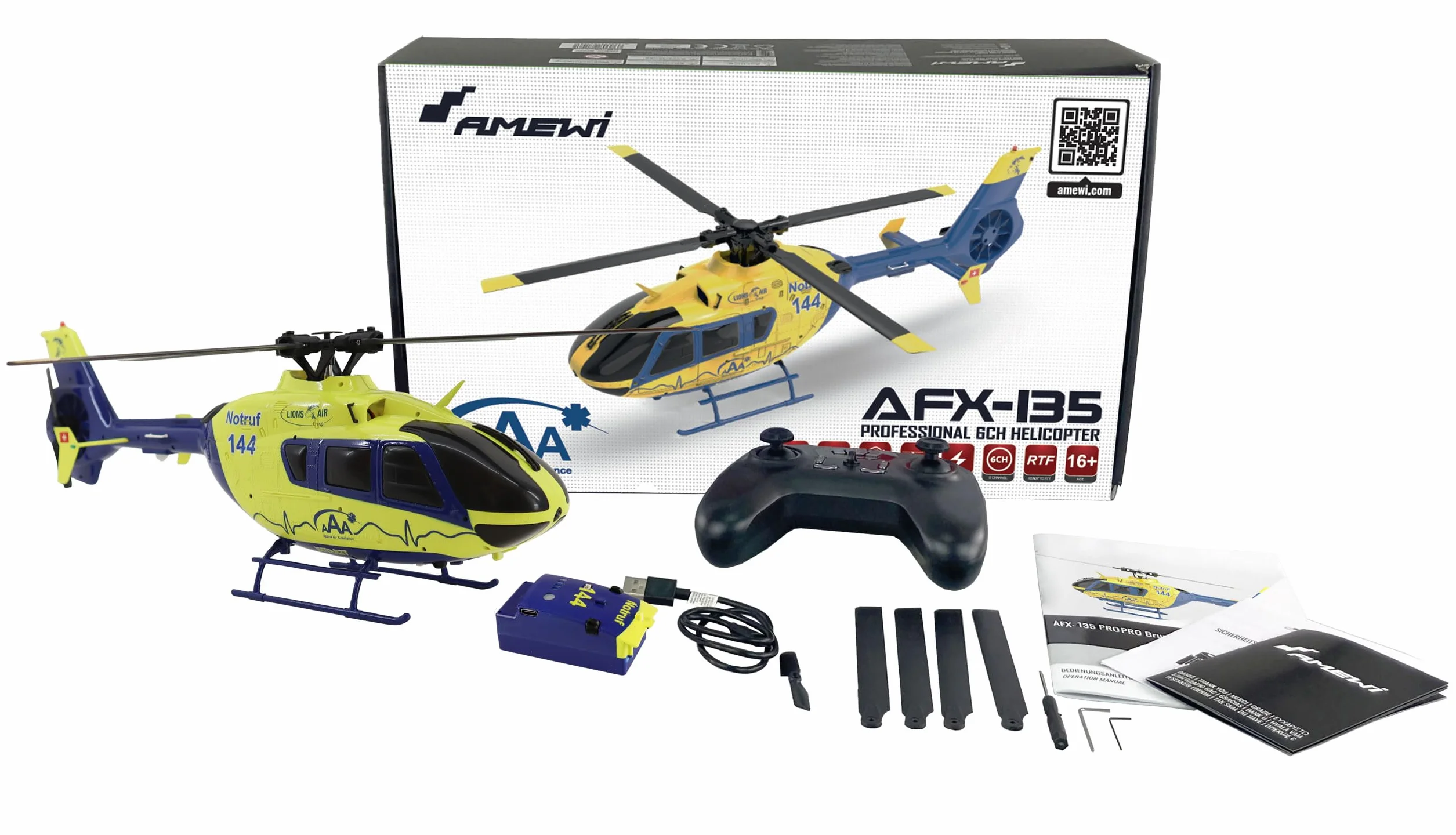 Amewi AFX-135 PRO Alpine Air Ambulance Elicottero 6 canali RC telecomandato 6G RTF, giallo fluo
