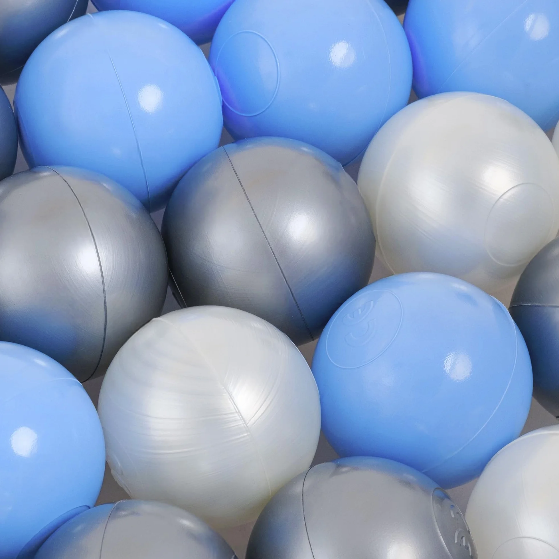 MISIOO Palline da bagno - 300 palline da 6 cm - blu - perla - argento - palline morbide e non tossiche - giocattoli per bambini. Perfetto per il gioco creativo e la promozione delle capacità motorie