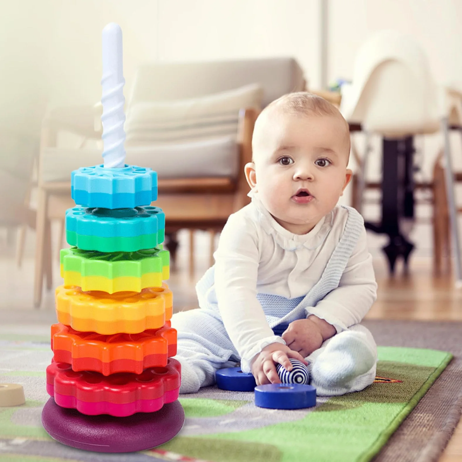 Torre di impilamento rotante – per | Lancer Anelli | Educativo | Bastone e 7 Anelli Inclusi | Giocattolo Sviluppo Motricità | Apprendimento Colori Forme