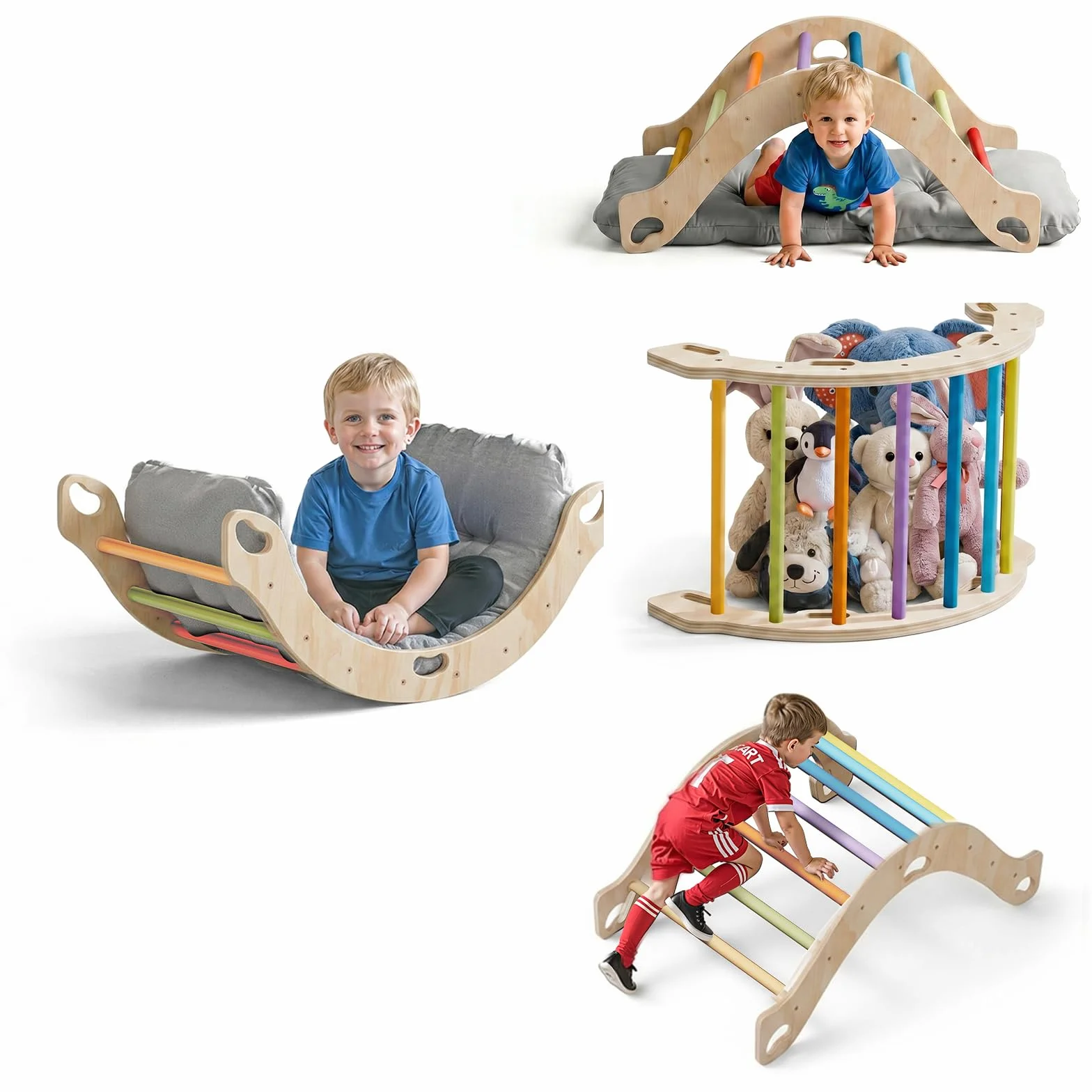 COSYLAND Arco Montessoriano per Bambini in Legno Naturale, Arco Montessori con Cuscino e 8 Maniglie, 4 in 1 Wippe, Scrivania, Giocattolo Educativo per Equilibrio e Motricità (Arcobaleno Classico)