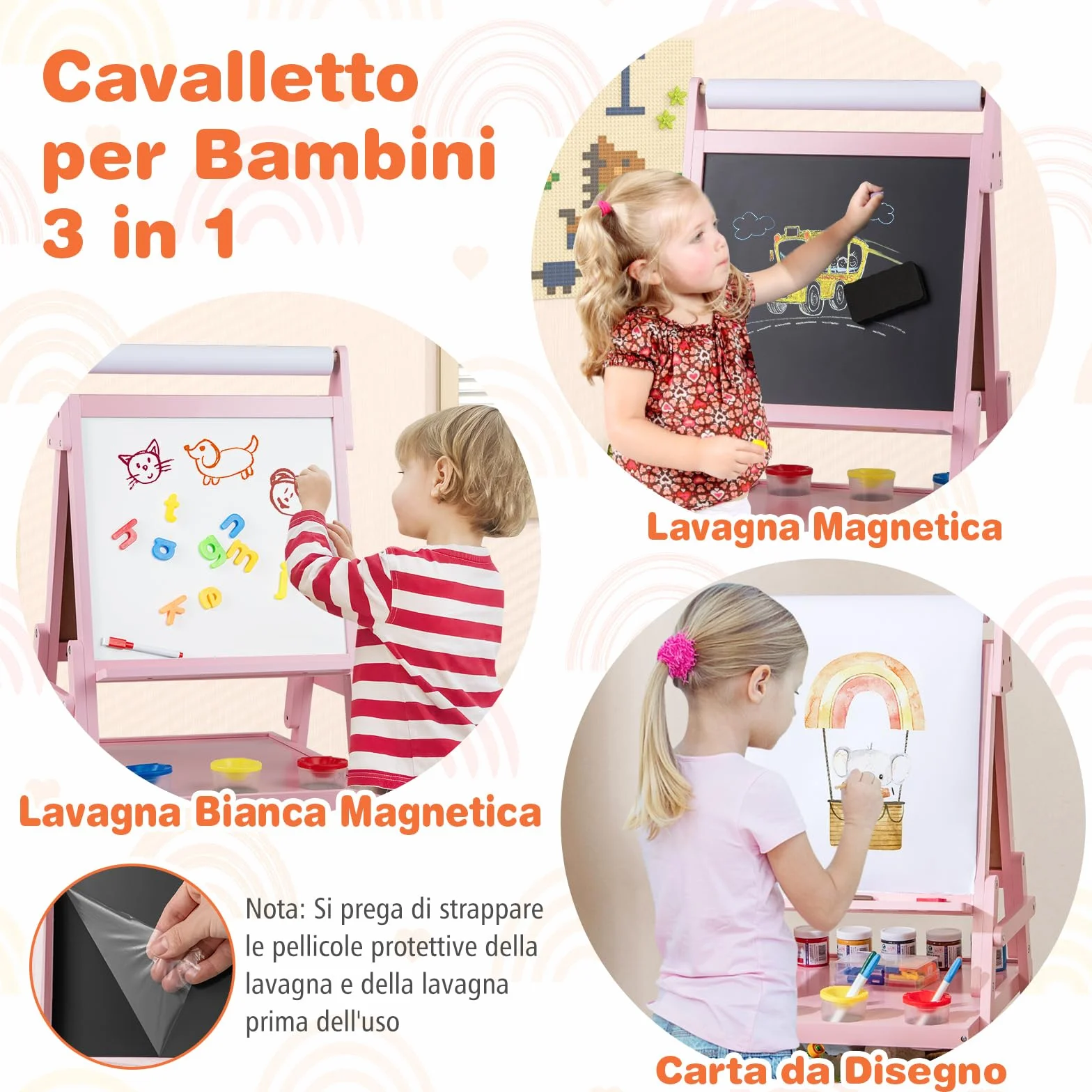 RELAX4LIFE 3 in 1 Lavagna per Bambini Cavalletto Doppia Faccia Magnetica Lavagna Bianca Rotolo Carta Scaffale Doppio 2 Cesto Tessuto Pieghevole Rosa