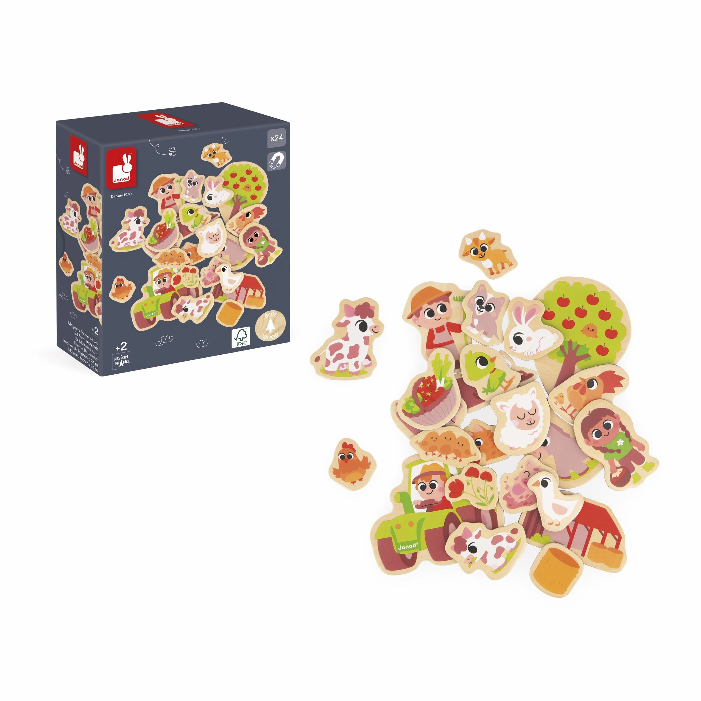 Janod - 24 Magneti in legno - Tema fattoria - Animali della fattoria - Giocattolo in legno - Ideale per lavagna o frigorifero - Gioco educativo magnetico, per manipolare e divertirsi - Da 2 anni