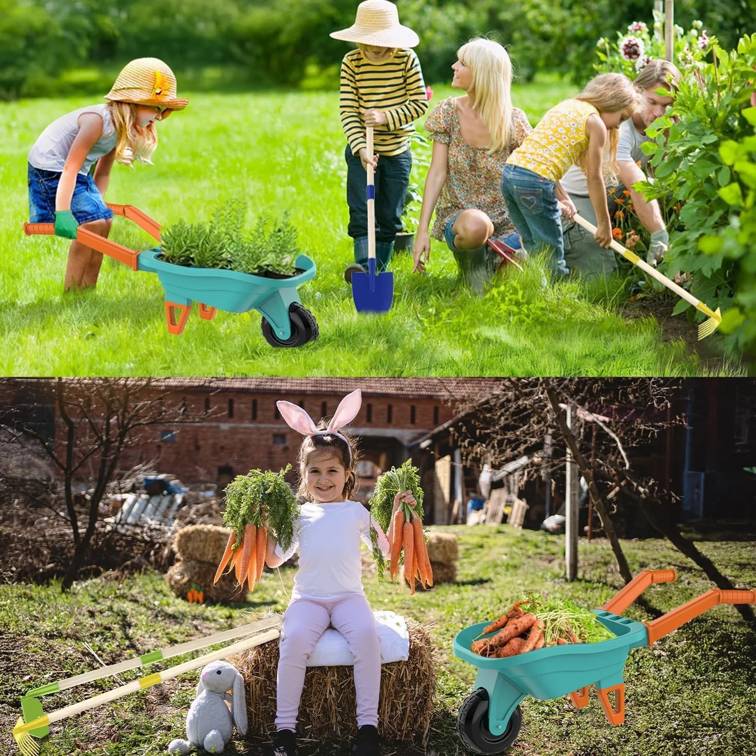 LATERN Set di Attrezzi da Giardinaggio per Bambini, 70CM Carriola con 70CM Metallo Pala Rastrello Zappa Foglie Rastrello 20CM Pala Rastrello Guanti per Esterni Giardino Cortile Prato Scavare Giocare