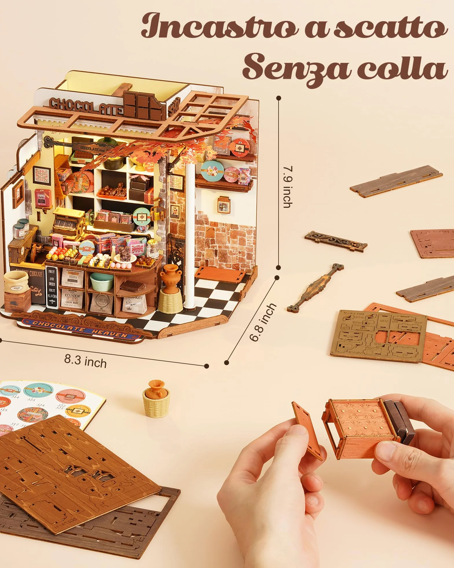 Rolife Miniature Casa Cioccolateria di Henry, 330 pezzi Kit Casa in Miniatura DIY, Modellismo da Costruire Adulti Casa delle Bambole in Legno Puzzle 3D per Adolescenti Nessun collante necessario
