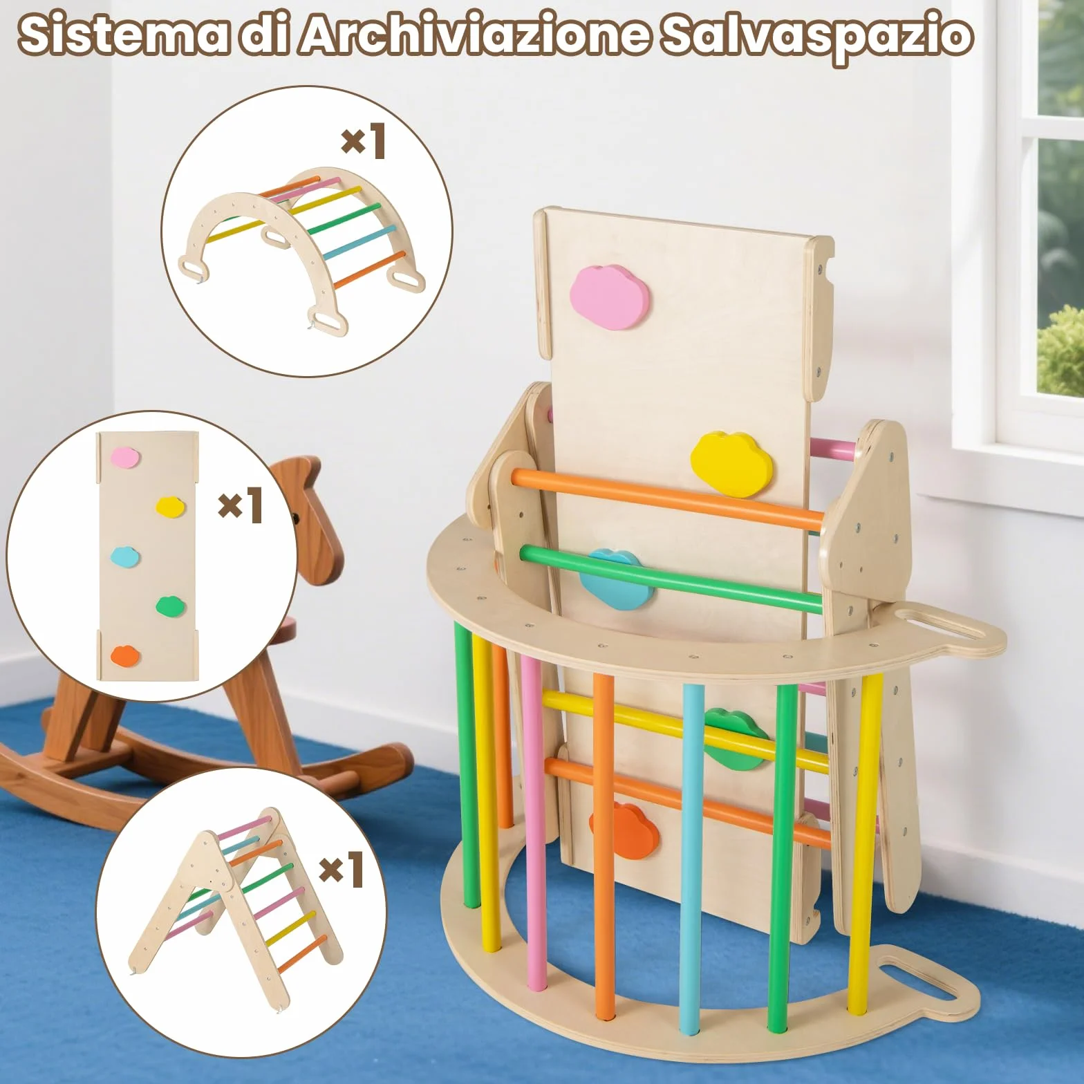 RELAX4LIFE 4 in 1 Triangolo da Arrampicata con Scivolo per Bambini, Arco da Arrampicata e Scala per Arrampicarsi in Legno, Montessori Giocattoli Bimbi 2 3 4 5 Anni (Colorato)
