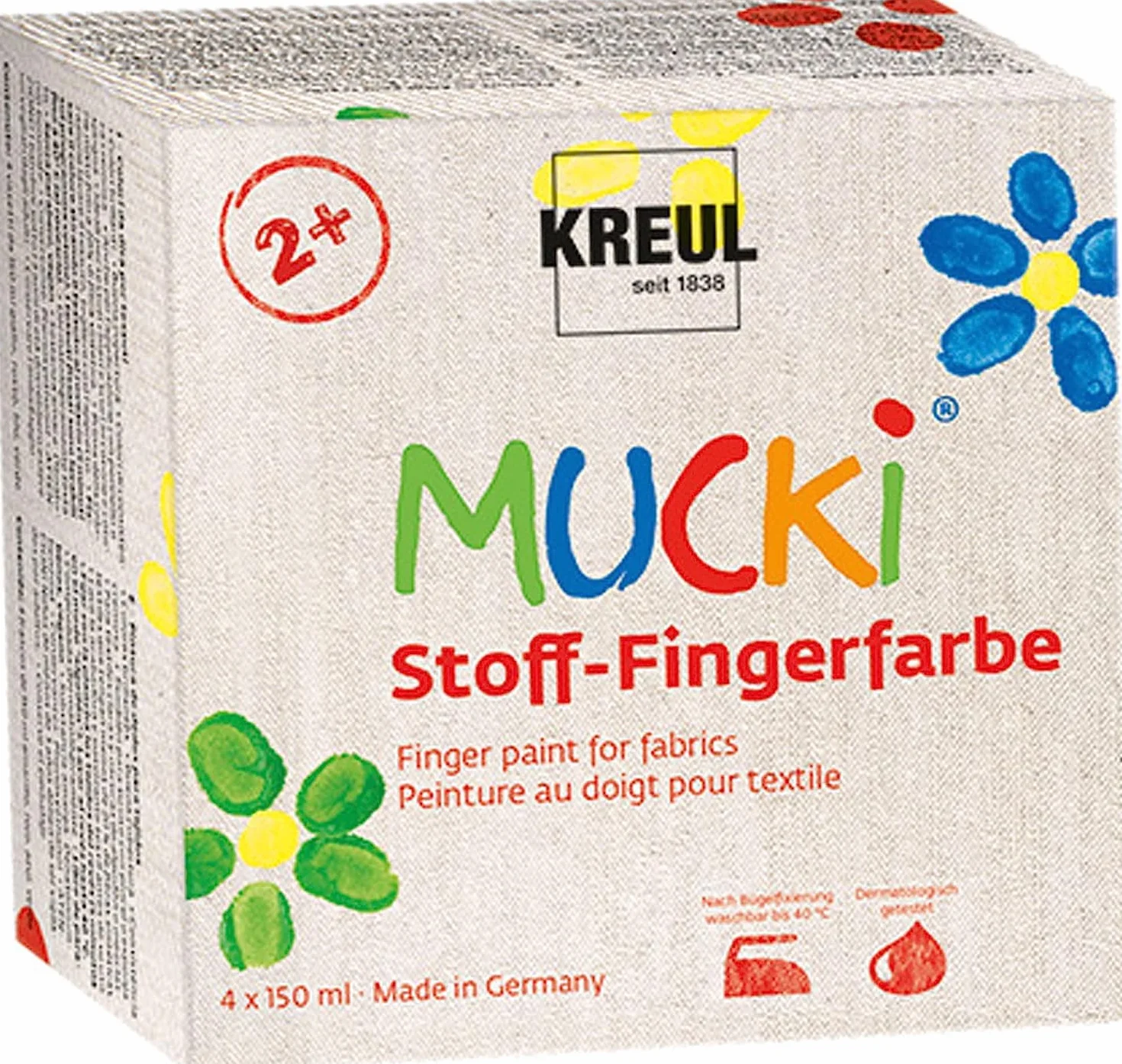 KREUL 28400, Mucki Colori per Dita Tessili, 4 x 150 ml giallo, rosso, verde, blu, colori brillanti a base d’acqua per bambini da 2 anni