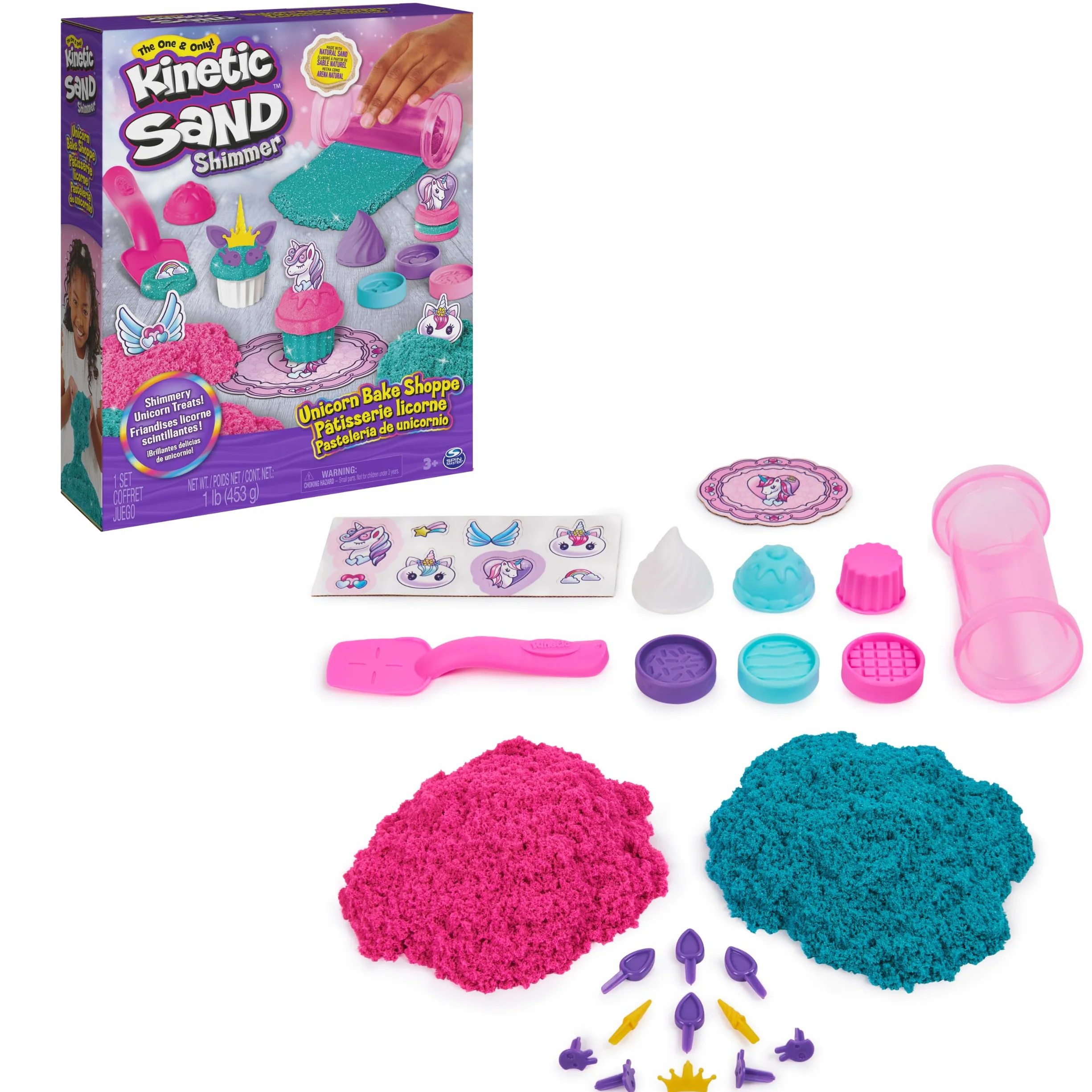 Kinetic Sand Shimmer, Set di Gioco Laboratorio di Pasticceria Unicorni, 453 g di Sabbia Cinetica, Verde Acqua Luccicante e Rosa, 8 Attrezzi Unicorno, Giocattoli Sensoriali per Bambini, 3+ Anni